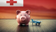 A piggy bank with an airplane against the backdrop of the Tonga flag. Saving money for vacations, leisure, and flights.