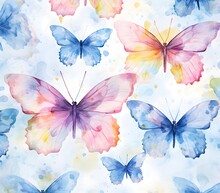 Watercolor Painted Background Of Butterflies, Rainbow Colors, Vibrant Invitation, Wedding, Card, Banner, With Copy Space