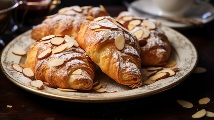 Wall Mural - Close-up of almond croissants with a generous dusting of powdered sugar and sliced almonds, on a vintage plate. 