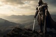 Medieval knight with sword on top of the mountain. 3d illustration