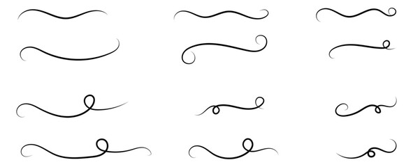 Wall Mural - Swoosh and swoops double underline typography tails shapes set. Brush drawn thick curved smears. Hand drawn collection of curly swishes, swashes, squiggles, set. Vector calligraphy doodle swirls.