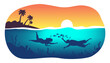 couple man and woman  swimming  underwater snorkeling with diving mask summer sunset  vacation vector illustration