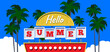 hello summer retro sign palm trees on sky background vector illustration banner poster print design