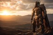3D illustration of a fantasy warrior in the mountains at sunset.
