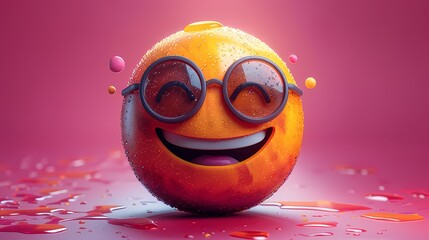 Wall Mural - A 3D cute single emoji sticker of a smiling face with sunglasses, placed on a solid coral pink background, capturing its cool expression and vibrant colors with the clarity and depth of an HD camera.