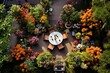 Garden Decor Overhead: Use a drone to capture an overhead view of the garden decor arrangement.