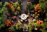 Fototapeta Natura - Garden Decor Overhead: Use a drone to capture an overhead view of the garden decor arrangement.