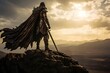 3d render of an indian warrior on the top of a mountain