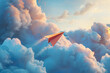 A 3D paper airplane icon soaring through a background of clouds, signifying ambition and reaching goals