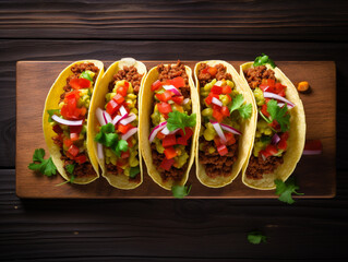 Mexican food tacos on rustic wooden table. Background good daylight lighting. 