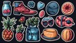 A set of trendy fashion stickers, illustrated on a solid black background, showcasing stylish accessories and chic designs with the realism and detail of an HD camera.
