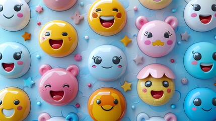 Poster - A wall adorned with a variety of 3D stickers representing cute emojis, positioned on a solid white background, showcasing their vibrant colors and expressive faces as if captured by an HD camera.