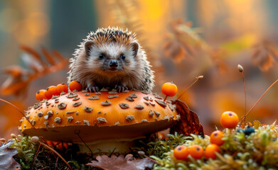 Wall Mural - Hedgehog sitting on mushroom in autumn forest
