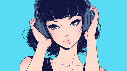 Wall Mural - Cool Anime manga girl lofi music teenager listening with headphones background 