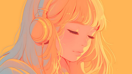 Wall Mural - Cool Anime manga girl lofi music teenager listening with headphones background 