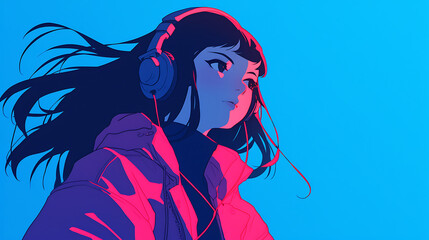 Wall Mural - Cool Anime manga girl lofi music teenager listening with headphones background 