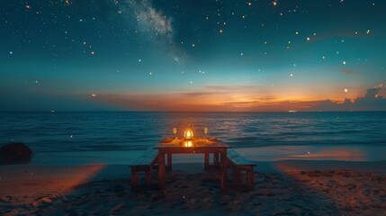 A beautiful night sky with a beach and a house in the background