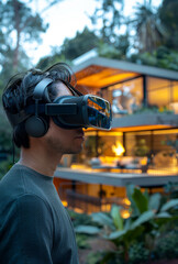 Wall Mural - Young man is wearing VR headset and looking at house.