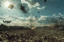 A Battlefield With Shells Falling And Bullets Flying