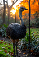 Wall Mural - Ostrich standing in the grass with the sun setting behind it