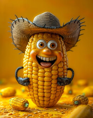 Wall Mural - Yellow corn cob in cowboy hat and smile