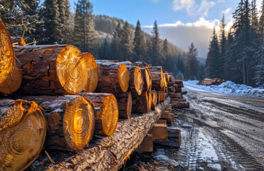 Wall Mural - Logs lined up on road in the winter