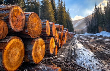 Wall Mural - Logs are stacked on the road in the forest. A photo of cut pine trees in piles