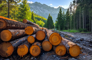 Wall Mural - Log trunks pile the logging timber forest wood industry. Wide banner or panorama wooden trunks
