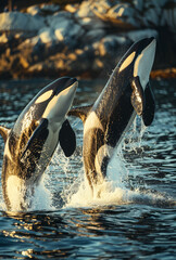 Wall Mural - Killer whales jumping out of the water while hunting