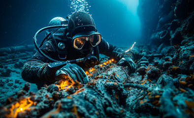 Wall Mural - SCUBA diver exploring the seabed with fire and bubbles