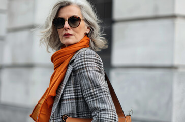 An elegant woman in her fifties, dressed smartly with an orange scarf and large glasses