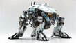  depicts a quadrupedal robot with a white and gray color scheme. It has four legs, each with three joints, and a long, segmented body. The robot's head is small and has two glowing blue eyes.