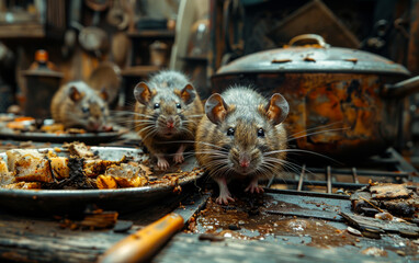 Wall Mural - Three young rats sniffs leftovers on the table in the kitchen. Fight with rodents in the apartment. Extermination.
