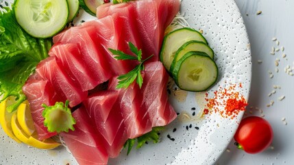 Sticker - Plate of tuna and cucumbers on white dish