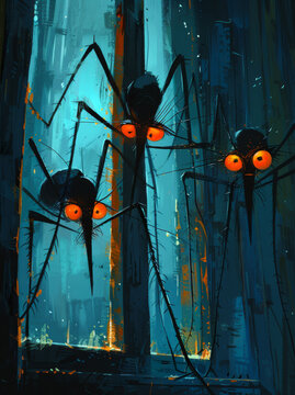 Giant mosquitoes flying in the city at night. The cartoon illustration black mosquito-like creatures with red eyes