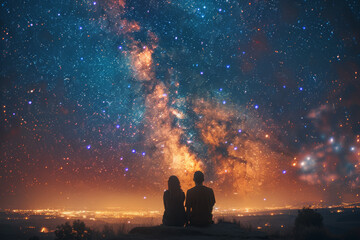 Wall Mural - Gazing at the stars together, marveling at the vastness of the universe and the depth of their love. Concept of cosmic connection and eternal romance. Generative Ai.