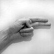 Letter H in American Sign Language (ASL), black and white photo of a hand