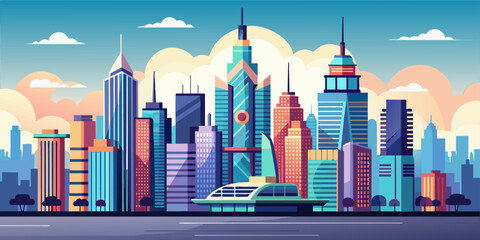 Majestic city skyline against a sunset,  vector cartoon illustration.