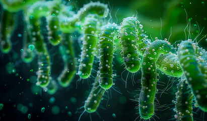 Wall Mural - 3D illustration of bacteria colony. Scanning electron microscope image of bacteria with a green background