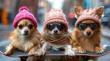 Three Cute Chihuahuas Sitting On Skateboard In The City