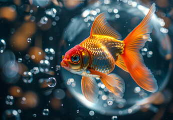 Goldfish in fishbowl with bubbles. The goldfish in the fish bowl is swimming