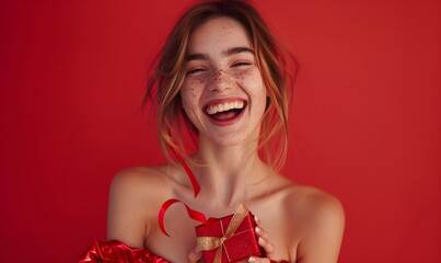 Wall Mural - Holidays, celebrations and women's concept. Portrait of a happy charming young blonde woman receiving a surprise gift, holding a gift in a red box, studio red background. Banner with place for text.