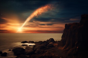 Wall Mural - Beautiful night fantasy landscape with a meteorite in the sky