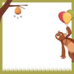 Sticker - Bear on balloons flying hungry bear wants honey empty cartoon frame design with place for text