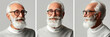 © Nataliia_Trushchenko - senior man with eyeglasses and beard character sheet, image split into 3, three different angles. man with white hair and glasses are smiling for the camera, is wearing a gray sweater and glasses