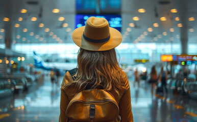 Sticker - Young woman traveler in hat and backpack walking in the airport travel