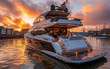 Luxury yacht docked at the pier during beautiful sunset