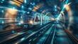 A blurred background featuring a futuristic train zooming through a tunnel illuminated by vibrant lines of light and symbols of innovative propulsion technology representing the exciting .