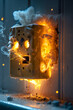 Electrical fuse box sparks on wall. Photo of an electrical fire