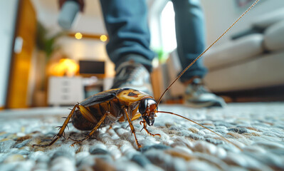 Man is walking on carpet with cockroach. Cockroaches are common problem in homes